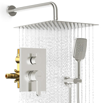 Shower Faucet Set - 12 inches Rain Shower System with 6 Function Handheld Shower Head Rough in Pressure Balance Valve