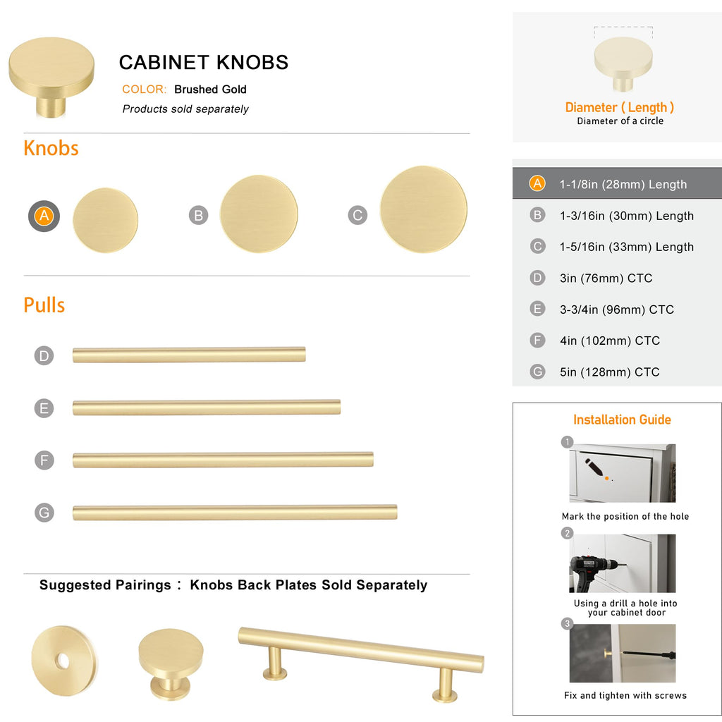 10 Pack Solid Brushed Brass Cabinet Knobs, Round Gold, 1-1/8 Inch