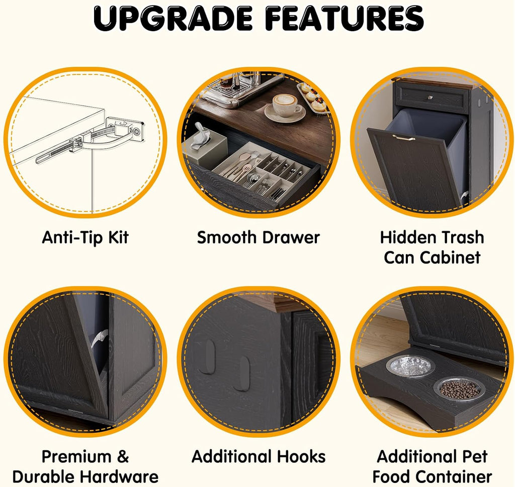 Tilt Out Trash Can Cabinet with Dog Bowl, 10 Gallons Dog Feeding Station with Storage, Dog Food Cabinet with Hideaway