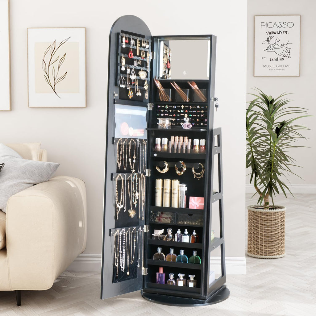 Arched Rotating Jewelry Cabinet with LED Lighted Full Length Mirror & Built-in LED Vanity Mirror, Lockable Standing