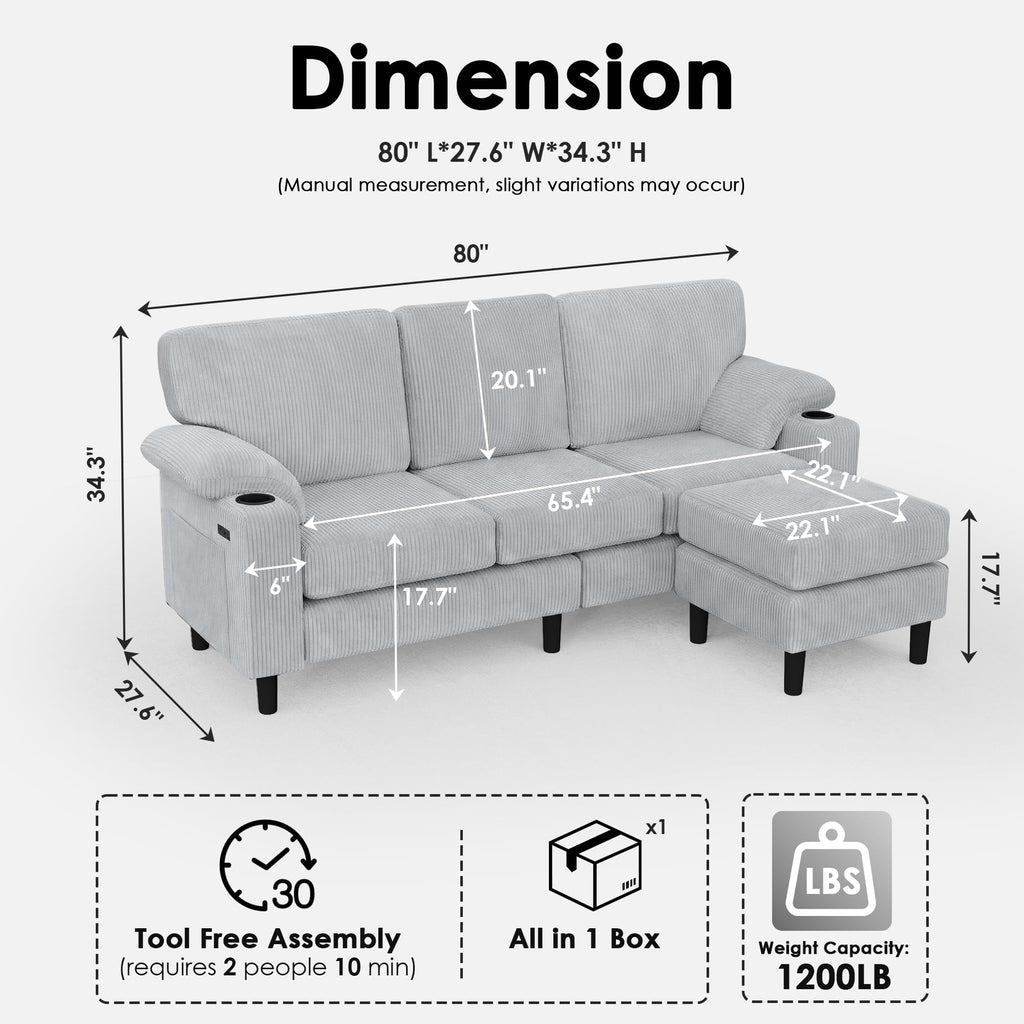 80" L-Shaped Sectional Sofa with Movable Storage Ottoman, LightGray
