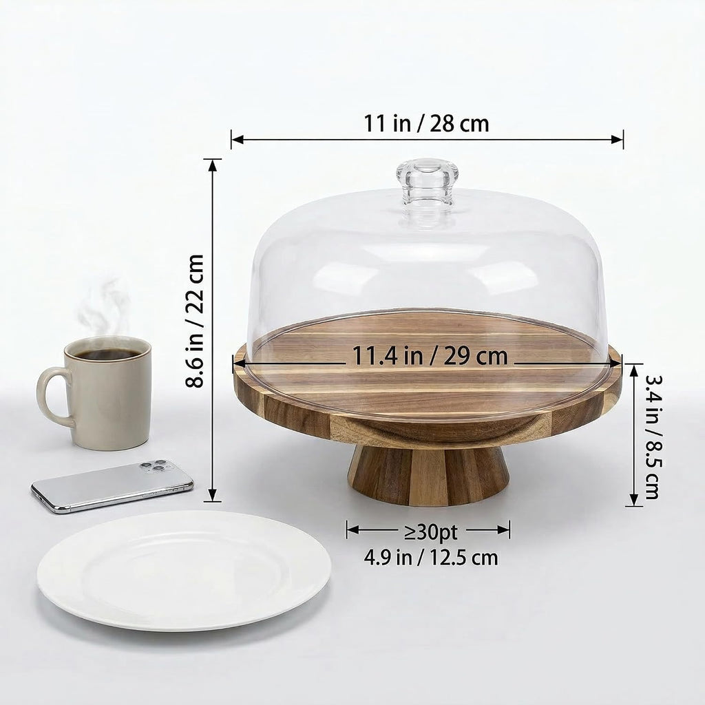 Acacia Wood Cake Stand with Lid 11.4" Charcuterie Board With Lid Multiuse Wooden Cake Stand with Dome Acrylic 6 in 1 - Set of 6