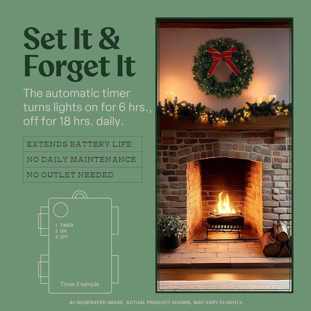 Battery Operated Wreath for Front Door. Pre-Lit Evergreen Xmas Lighted Holiday Christmas Outdoor Timer, 24", Red