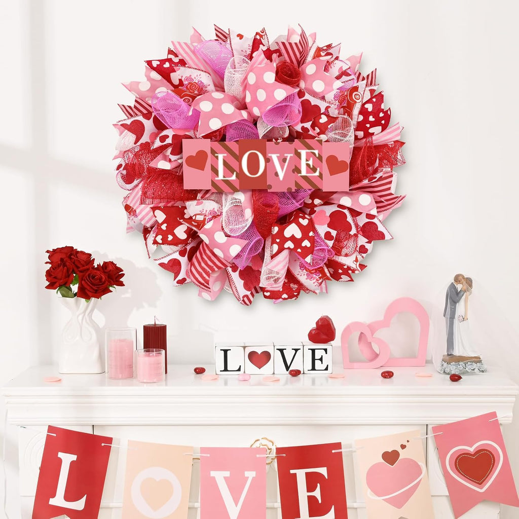 17 Inch Valentines Day Mesh Wreath,Valentines Wreaths for Front Door with Love Wooden Sign Fishnet Yarn, Valentines