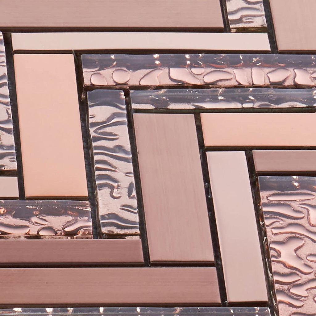 Herringbone Rose Gold Copper Stainless Steel Blended Glass Metal Mosaic Tile Mesh Mounted Backsplash