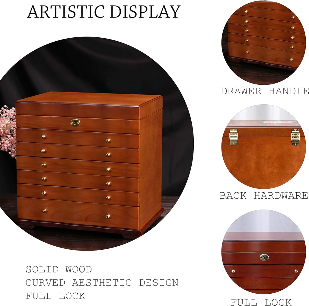 Solid Wood Jewelry Box w/Lock, 9-Layer Large Storage Organizer - Set of 300