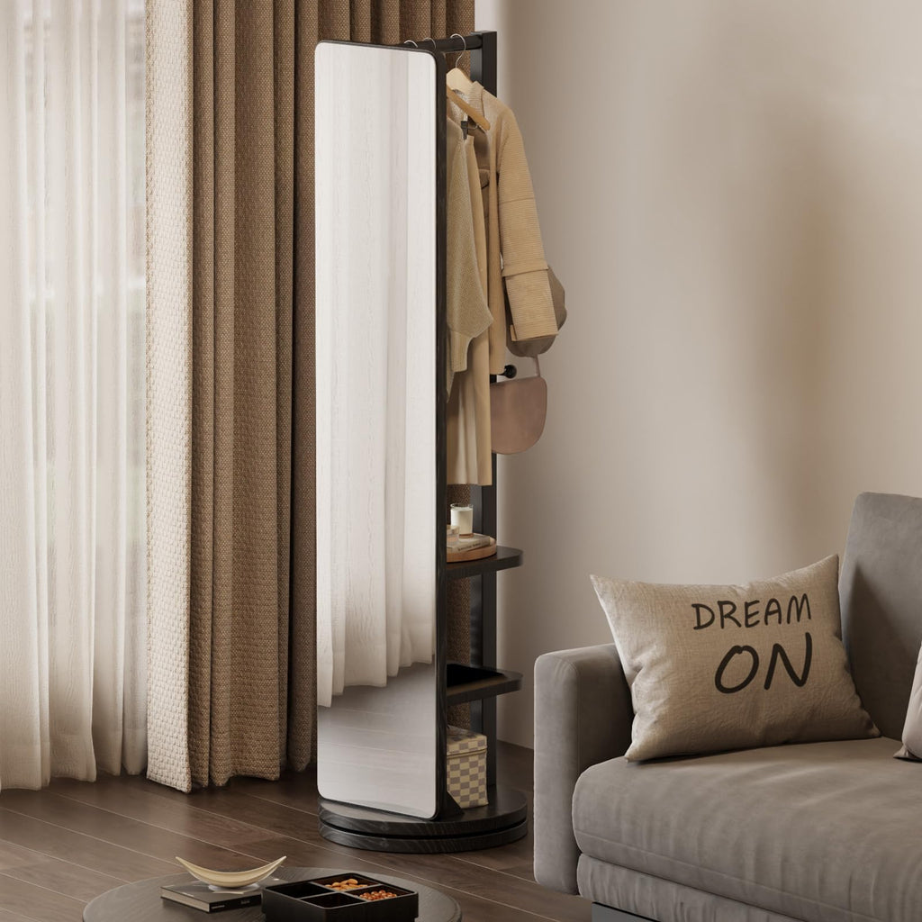Full Length Mirror Coat Rack Solid Wood Floor Mirror 66"x12" Full Length Mirror with Stand Long Mirrors (Black, 66"