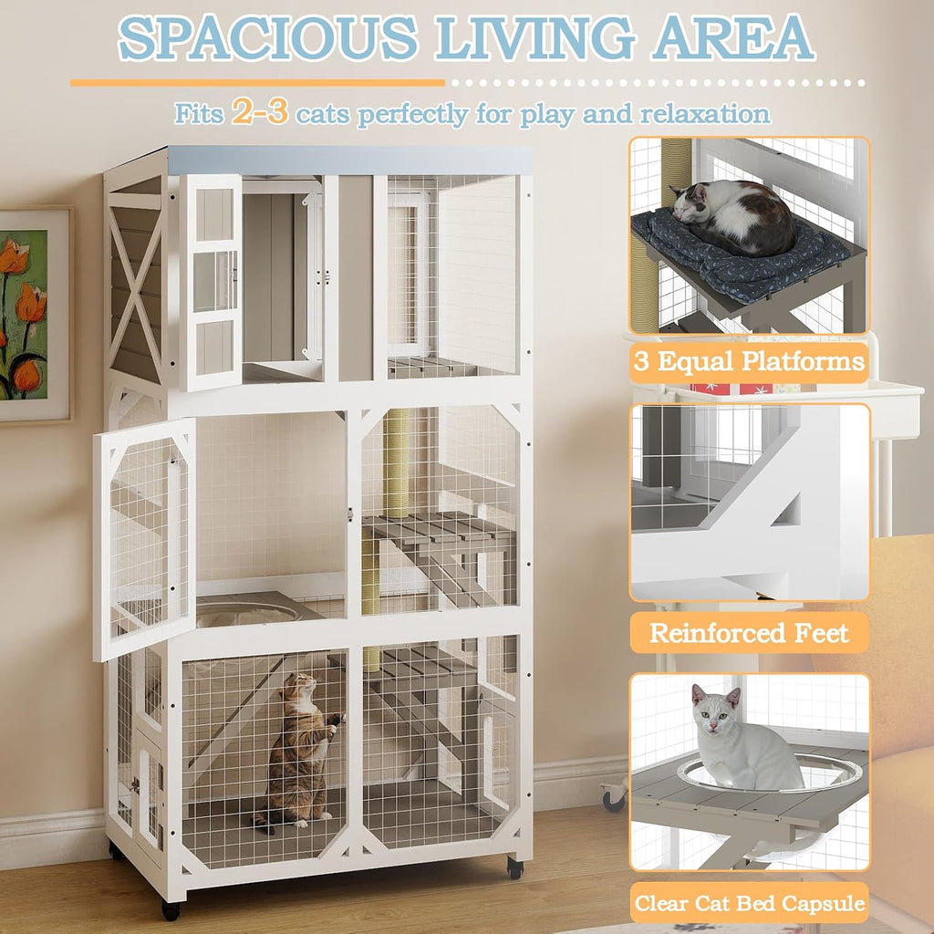64" H Large Wooden Catio Outdoor Cat Enclosure with Wheels