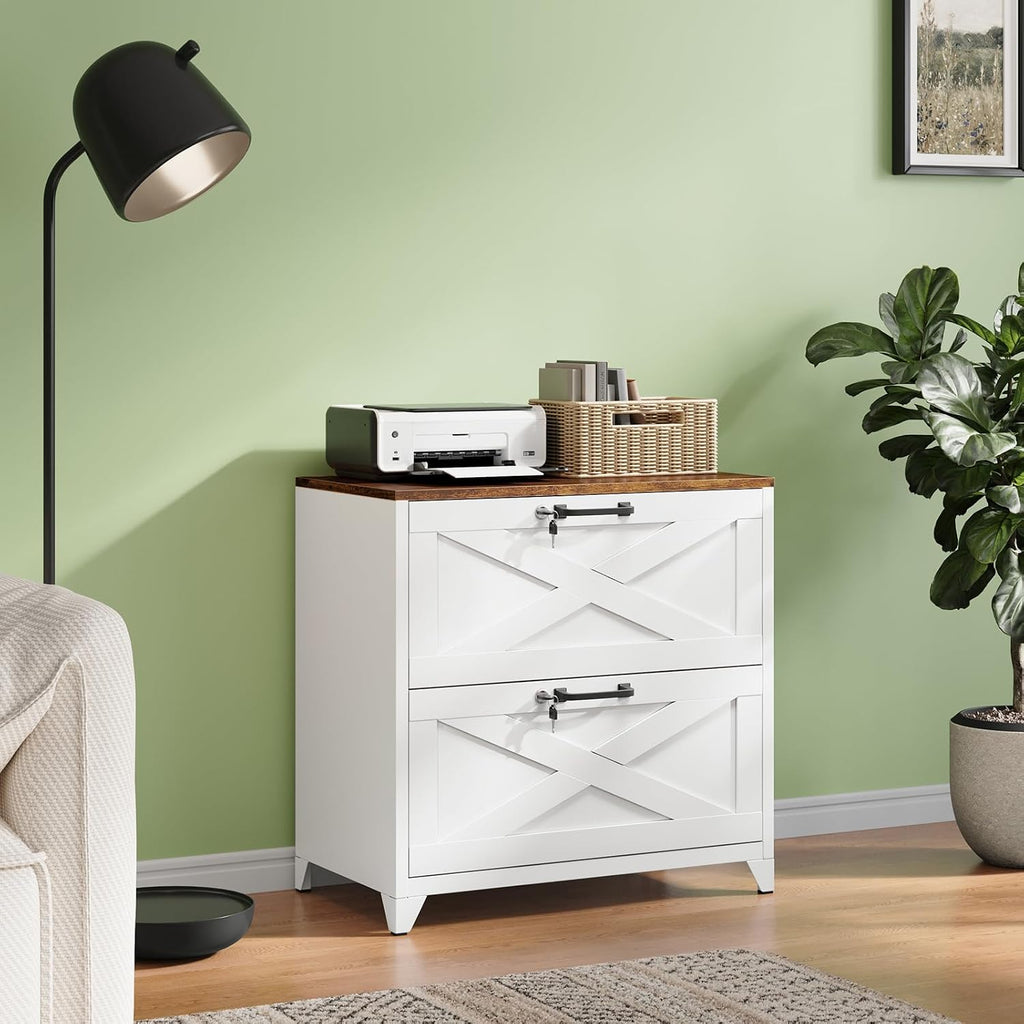2 Drawer File Cabinet with Lock and Feet,Metal Lateral Filing Cabinet ,Hanging Letter/Legal/A4 Size (White-A, 16" D x