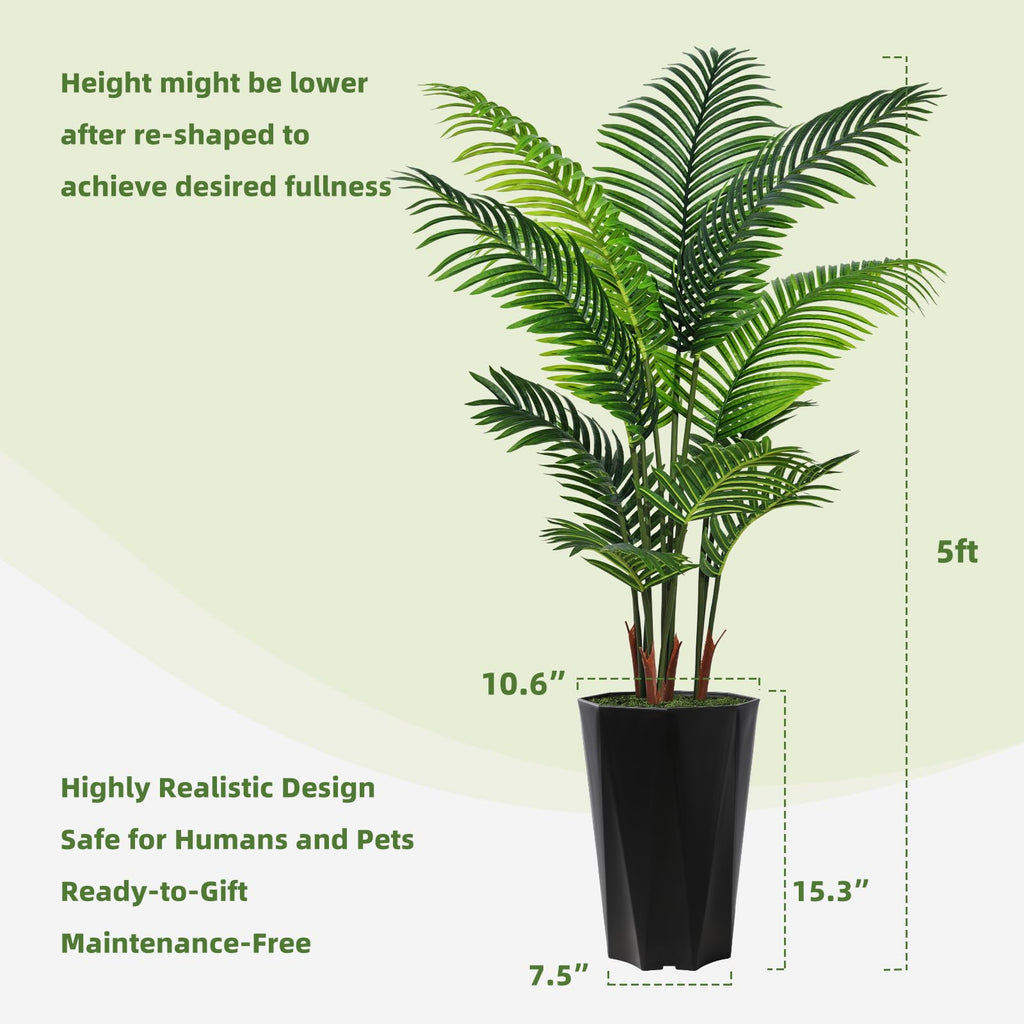Artificial Palm Tree 5FT - Faux Plant with Black Diamond Planter - Tall Fake Tropical Areca Floor Plant Potted