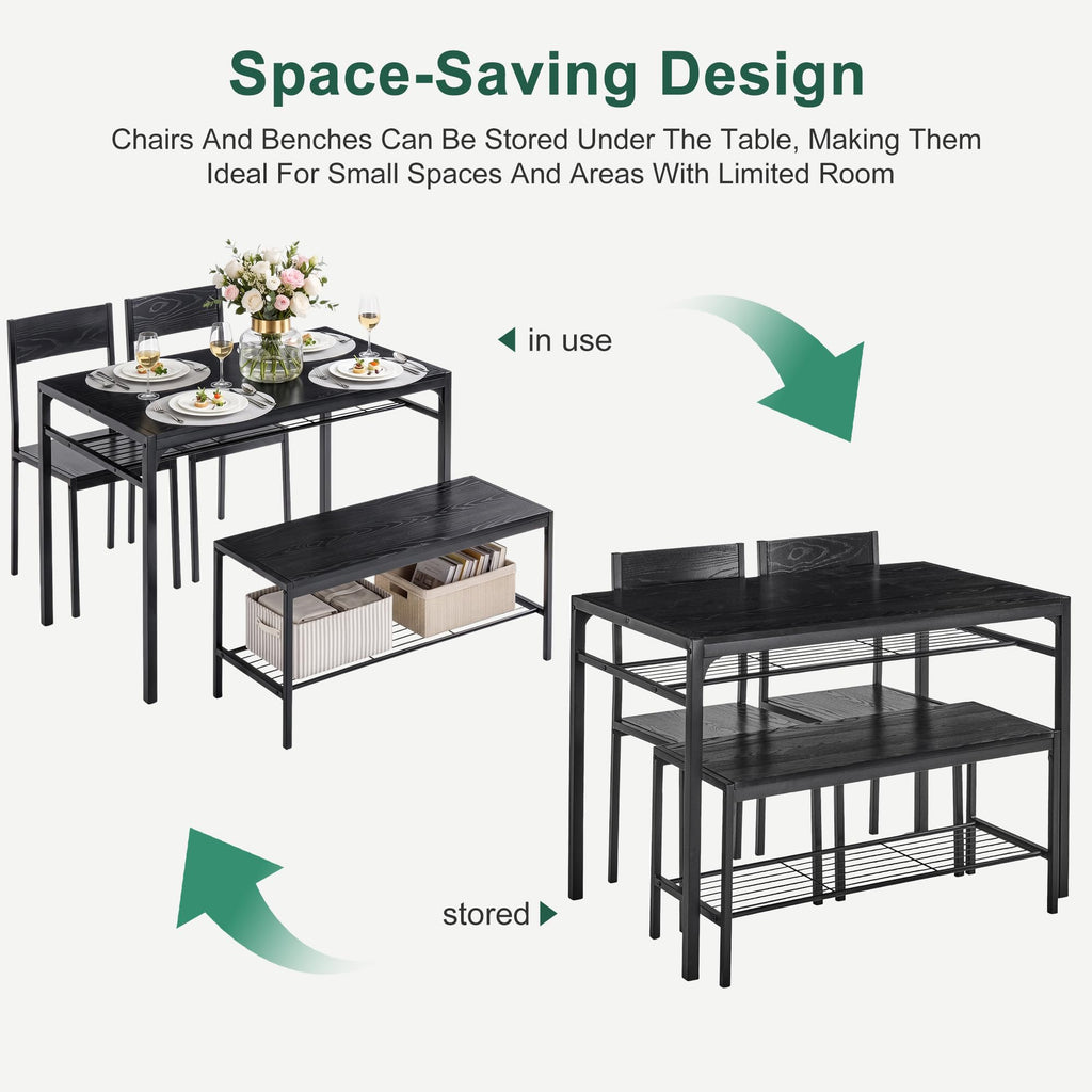 Kitchen Dining Room Table with 2 Chairs & Bench, Compact Space-Saving Design, Easy Assembly Steel Frame, Perfect for