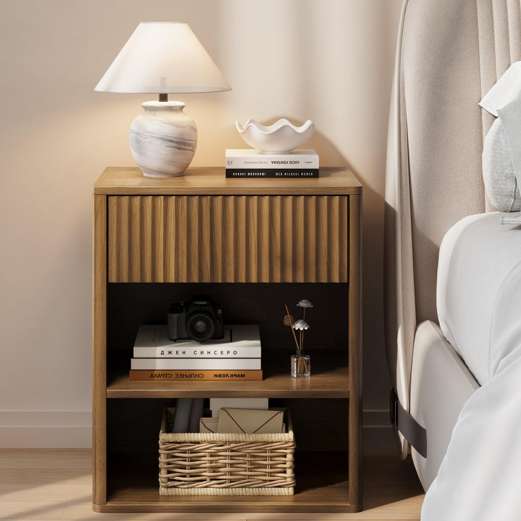 Nightstand Bedside Table Storage Drawer - Large Mid Century Modern Night Stand with Fluted Wood Storage Drawer and