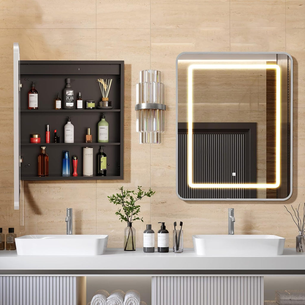 20x30 Inch Lighted Bathroom Medicine Cabinet with Mirror, Silver Recessed or Surface Mount Medicine Cabinet Mirror