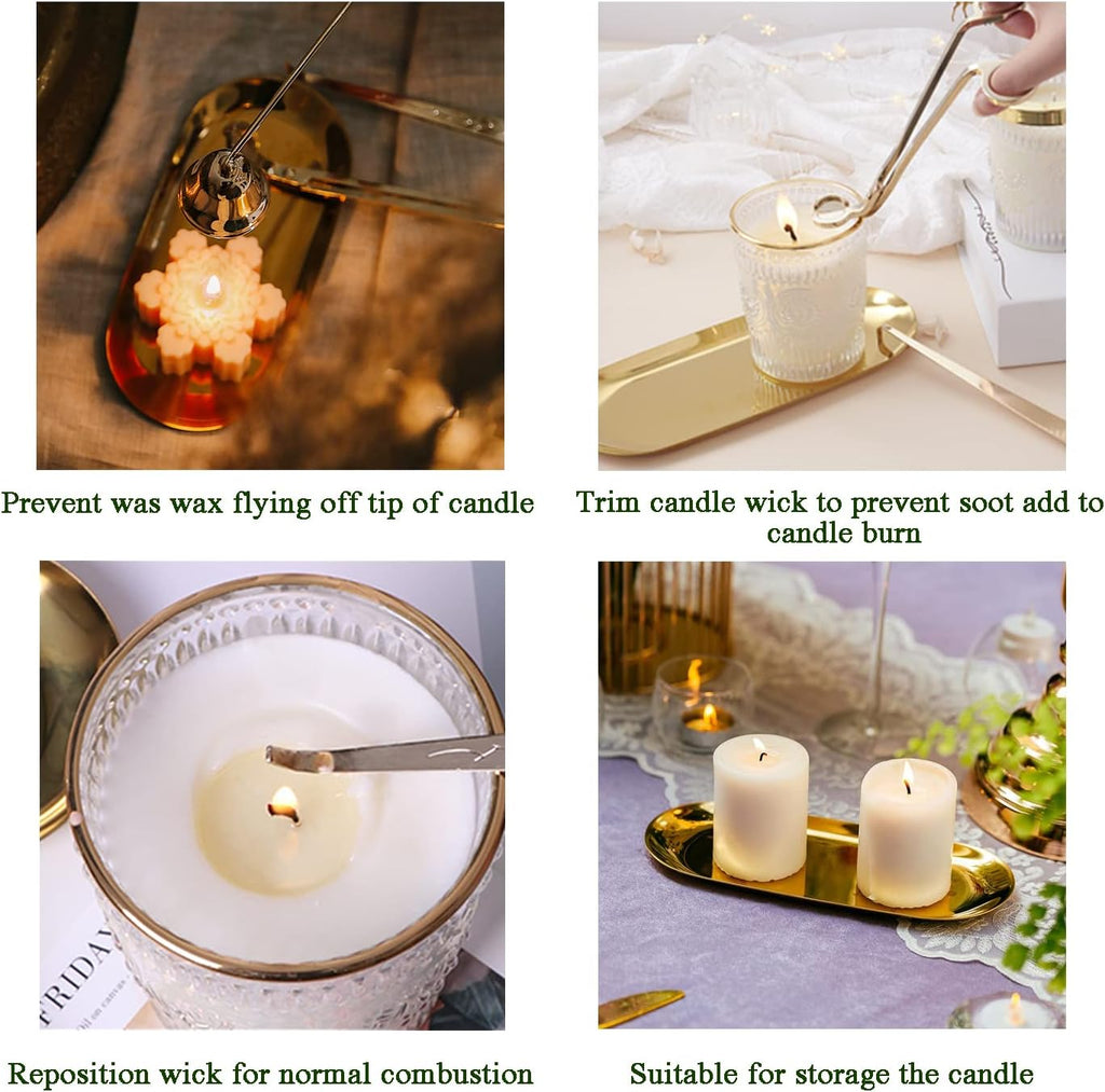 4 in 1 Candle Accessory Set - Wick Trimmer, Snuffer, Dipper, Storage Tray for Candle Lovers, Holidays (Gold) - Set of 4