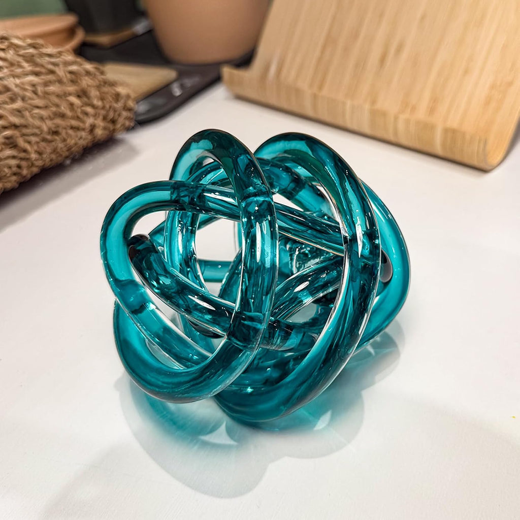 Glass Knot Teal Decor Ball - 5 Inch Hand Blown Infinity Sculpture Orbit Home Decor Table Decoration Interio Art