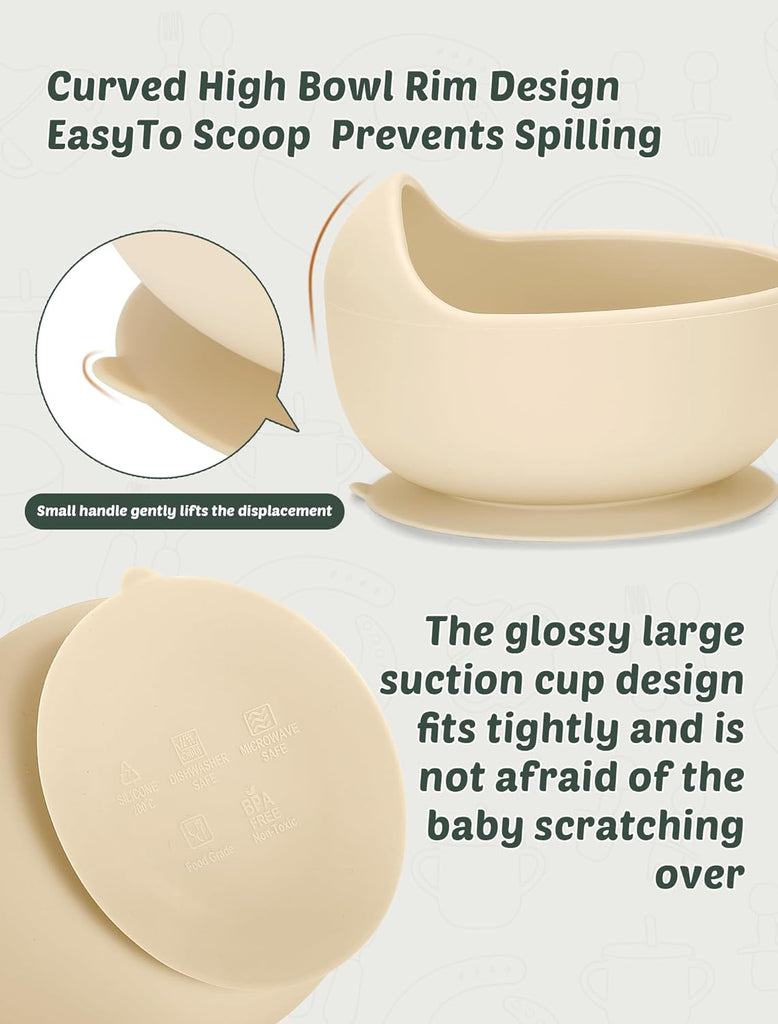 Feeding Set 9 Pcs, Spill-Proof Suction Plate, Bowl, Bib, Silicone spoon&forks, Wooden Spoons&forks, Training cup