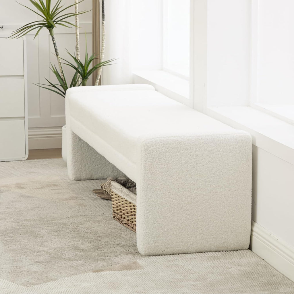 66.9" W Modern Boucle Shoe Bench King Size End of Bed Bench, Ivory. | Shoe Ottoman Upholstered King Size End of Bed