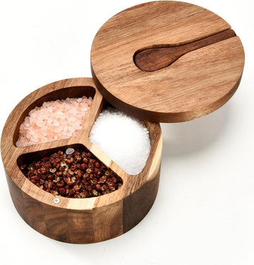 Wood Salt and Pepper Box, 3 Compartment Salt and Pepper Cellar With Lid and Spoon,Spice Condiment Container Countertop
