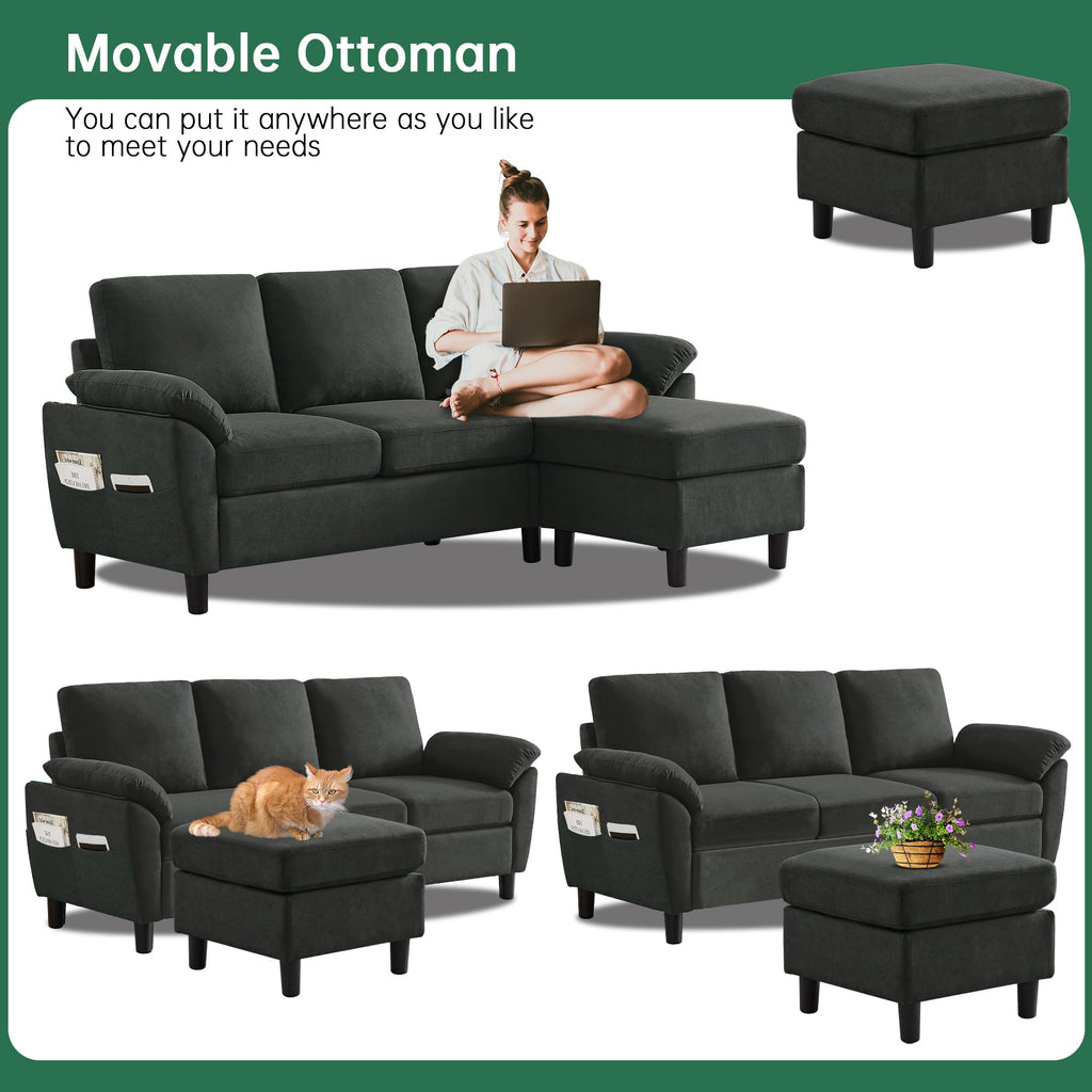 80" L Shaped Couch with Storage Ottoman, Convertible Sectional Couch Set, Modern Linen 3-Seat Sofa with Chaise & Side