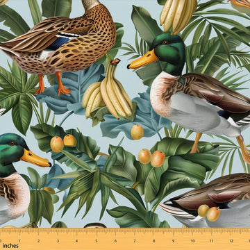 Wild Duck Fabric by The Yard, Tropical Banana Fruits WaterproofFabric, Rustic Leaves Plants Fabric for Arts and Crafts