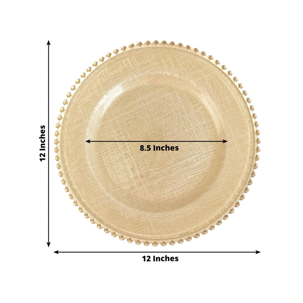 12" Gold Glass Charger Plates with Beaded Rim and Cross-Stitch Pattern; Intricate Textured Underplates