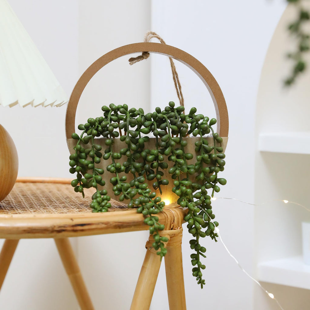 2pcs Artificial Succulents Hanging Plants 20.1'' Fake String of Pearls in Pot with 9.4'' Lanyard for Indoor Outdoor