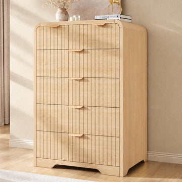 Fluted 6 Drawer Dresser - 43" Tall Dresser Chest of Drawers, Fluted Dresser, Metal Handle, Wood Dresser (Light Wood)