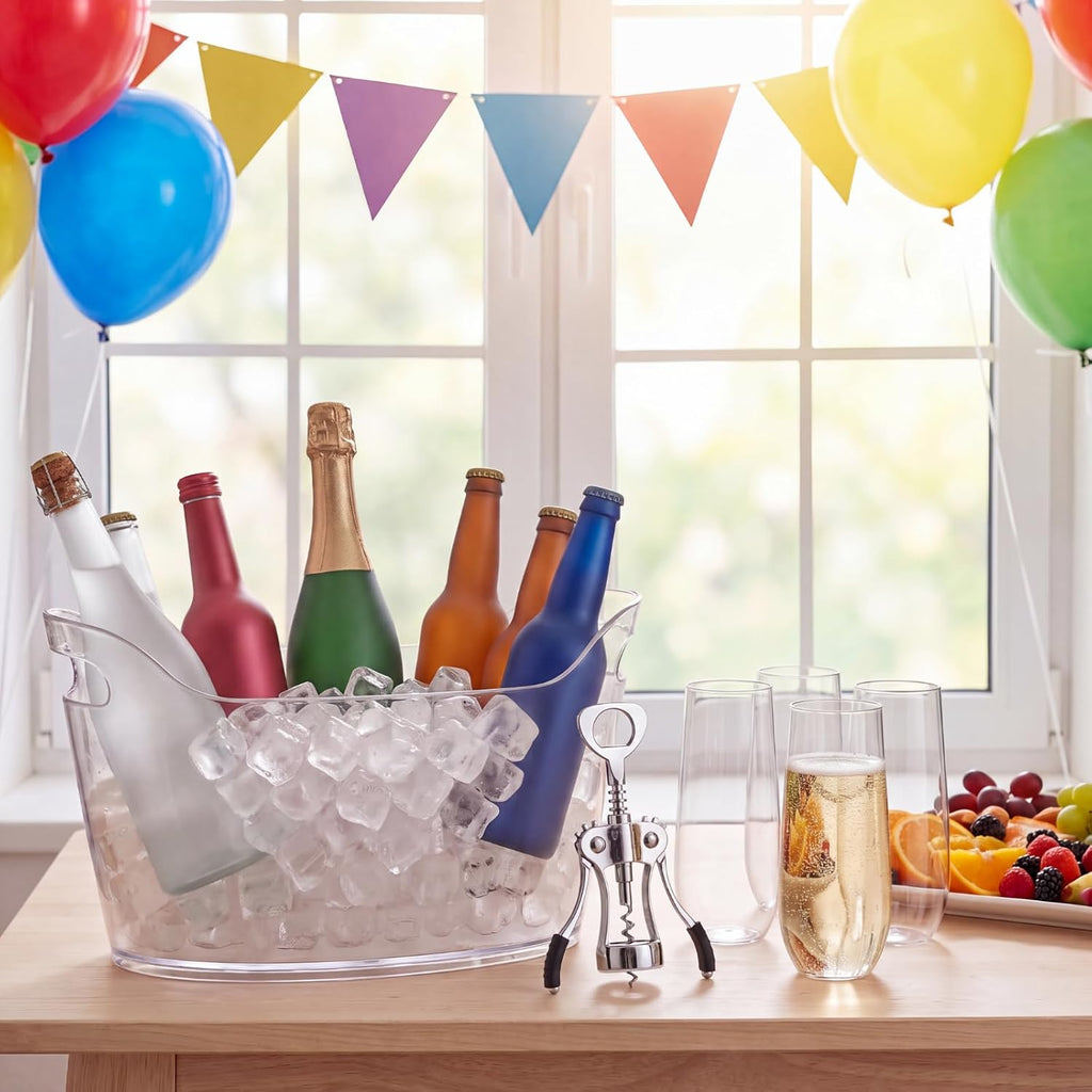 6.5L Clear Ice Buckets for Parties, Large Plastic Beverage Tub Set with Scoops, Champagne Flutes & Wine - Set of 4