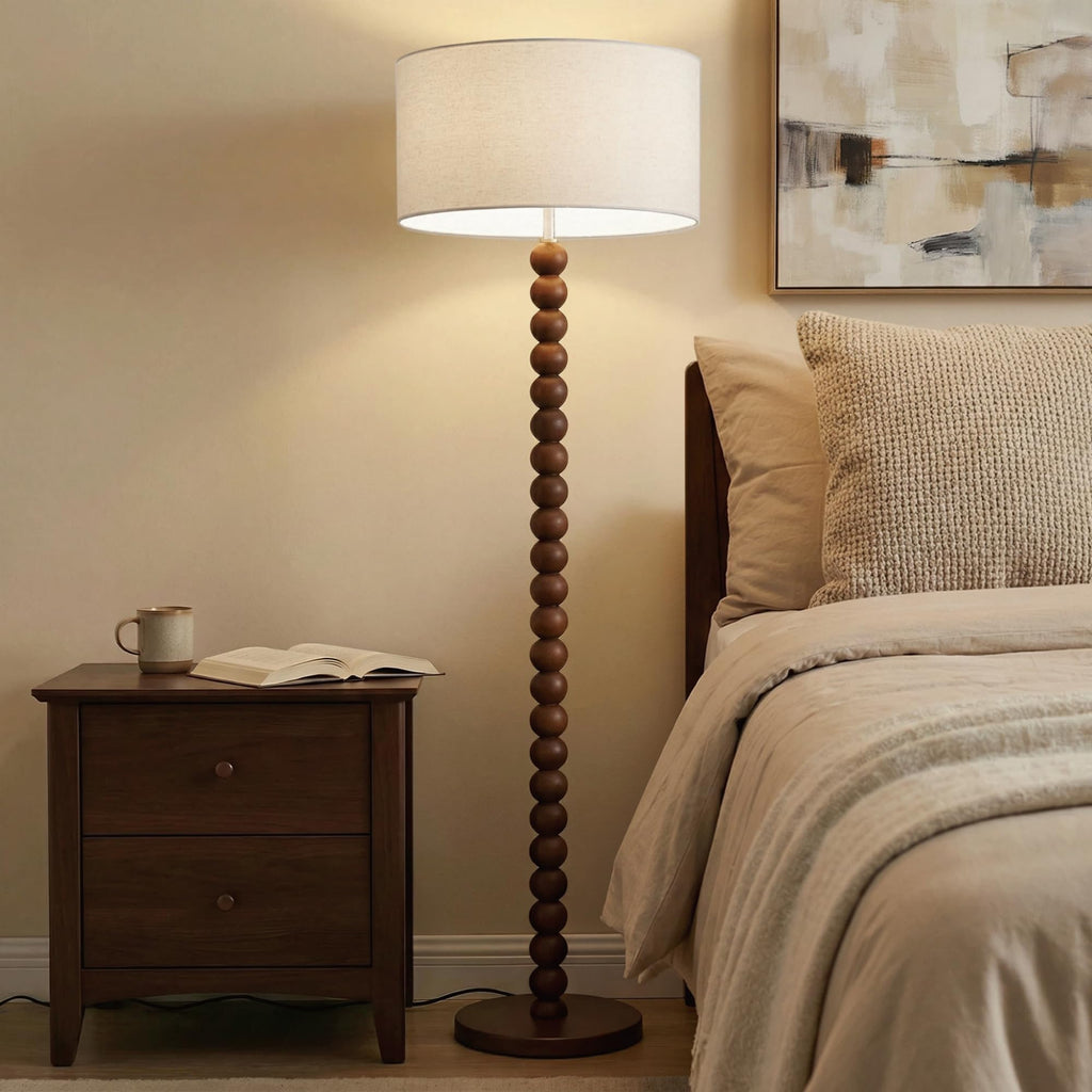 60.6 Inch Beaded Walnut Wood Floor Lamp with Linen Shade, Cream