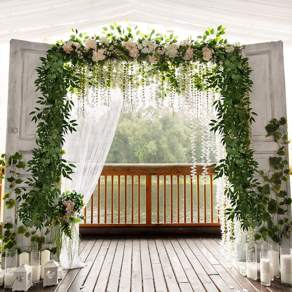 Fake Greenery Garlands Artificial Silver Dollar Eucalyptus Garland in Grey Green and Willow Twigs Garland Intertwined - Set of 2