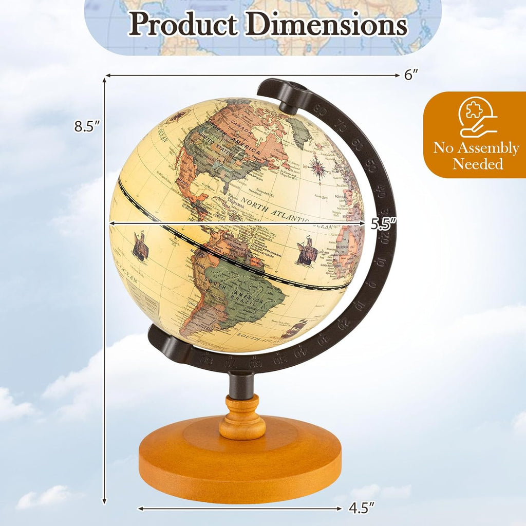 6" World Globe, Mini Antique Globe with Metal Stand, Non-slip Wooden Base & Geographic Markings, Decorative Desktop
