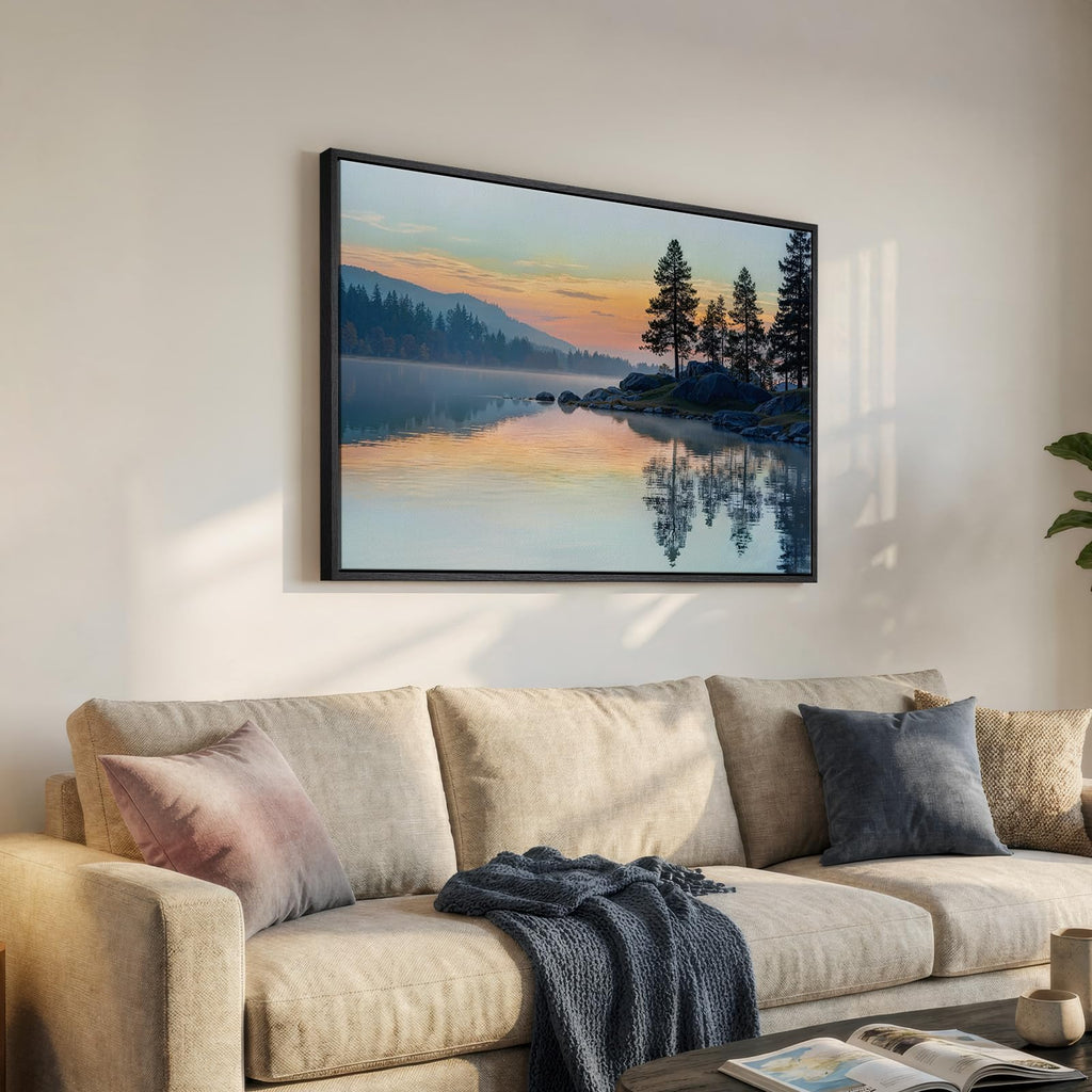 Framed Sunset Mountain Lake Landscape Wall Art, 24x36 Inch