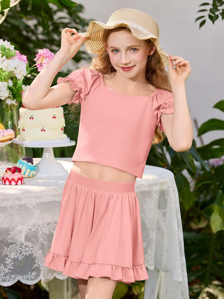 Girls Skirt Set Kids Puff Short Sleeve Crop Tops Rufffle Mini Skirt Shorts 2 Piece Summer Outfits Clothing Sets