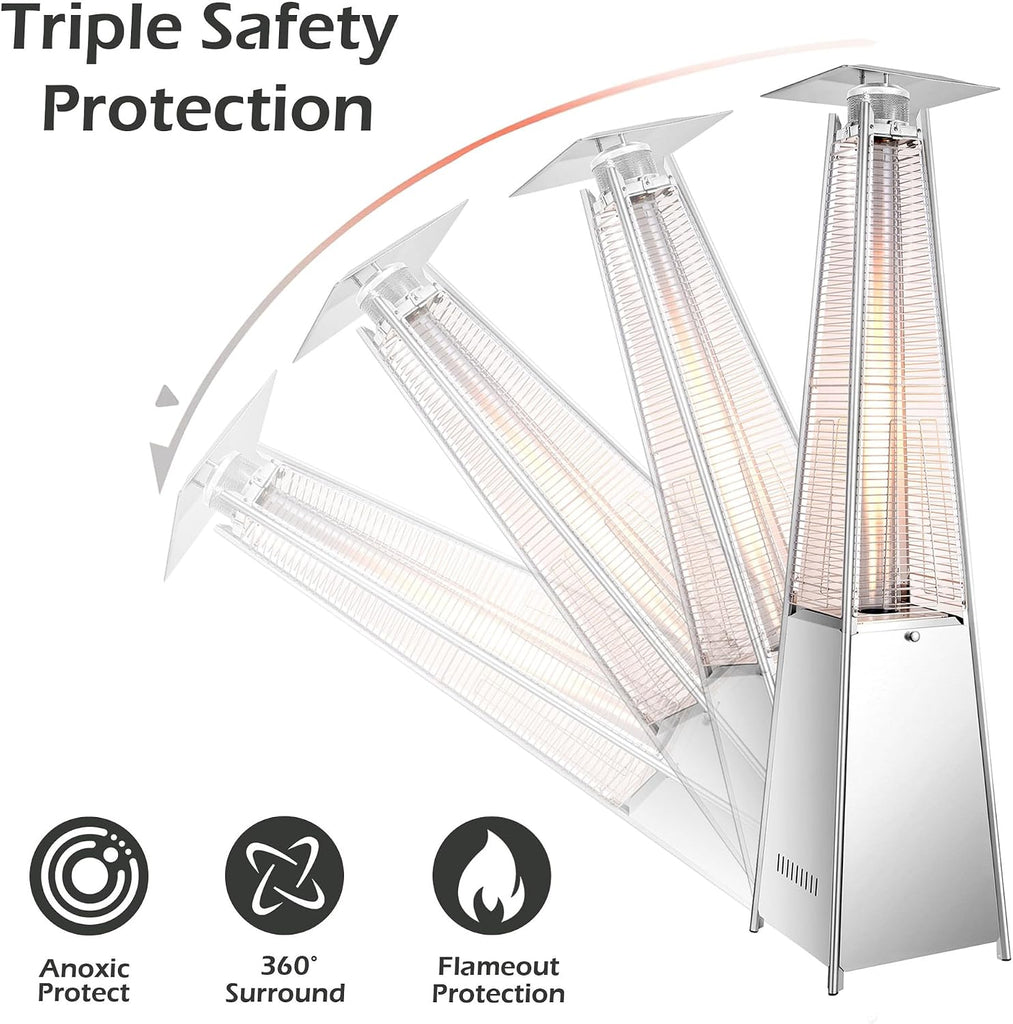 42,000 BTU Pyramid Patio Heater, Outdoor Propane Heater with Quartz Glass Flame Tube, Stainless Steel Patio Heater