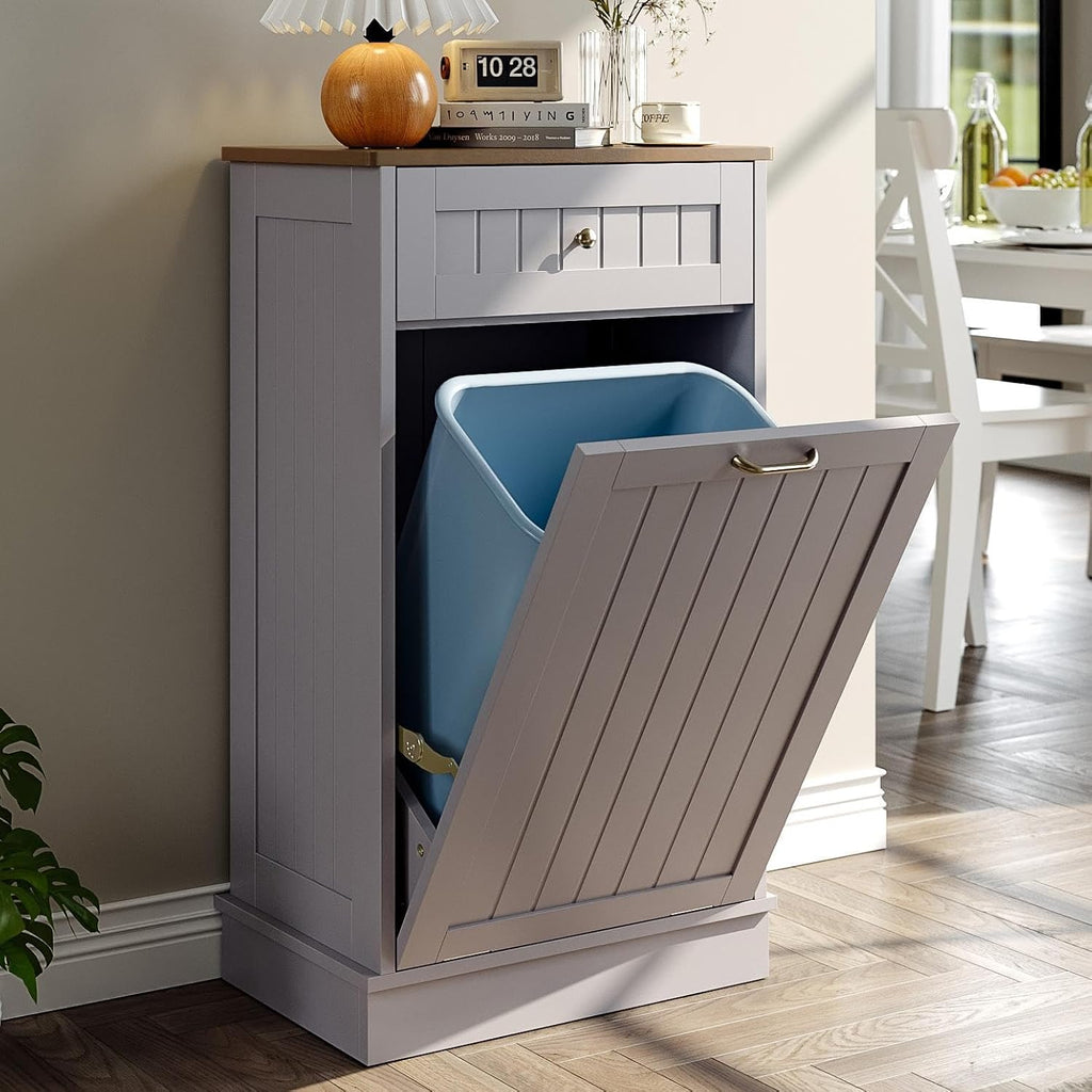 Tilt Out Trash Can Cabinet, Garbage Can Cabinet, Dog Proof Pull Out Trash Can Wood, Gray
