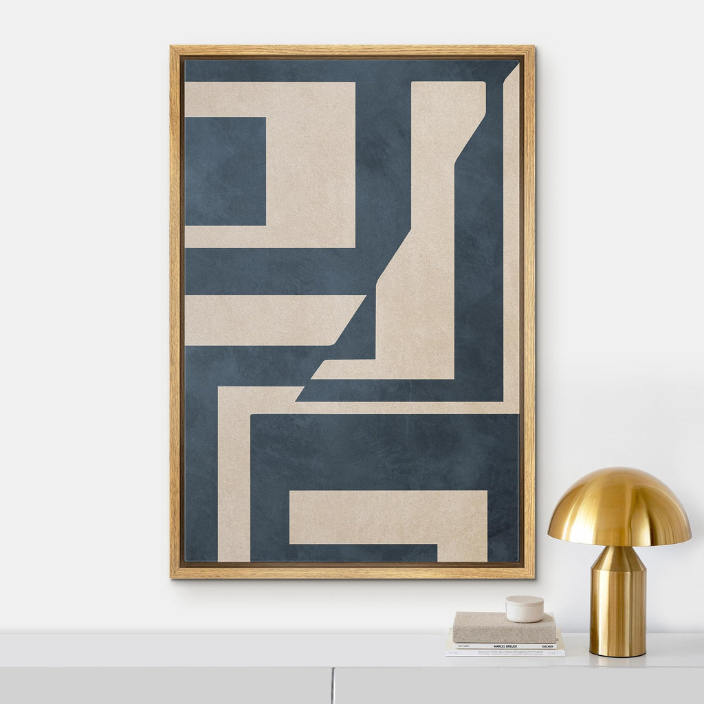 Framed Canvas Print Wall Art Blue & Tan Polygon Symbols Abstract Geometric Illustrations Modern Art Minimalism Shapes