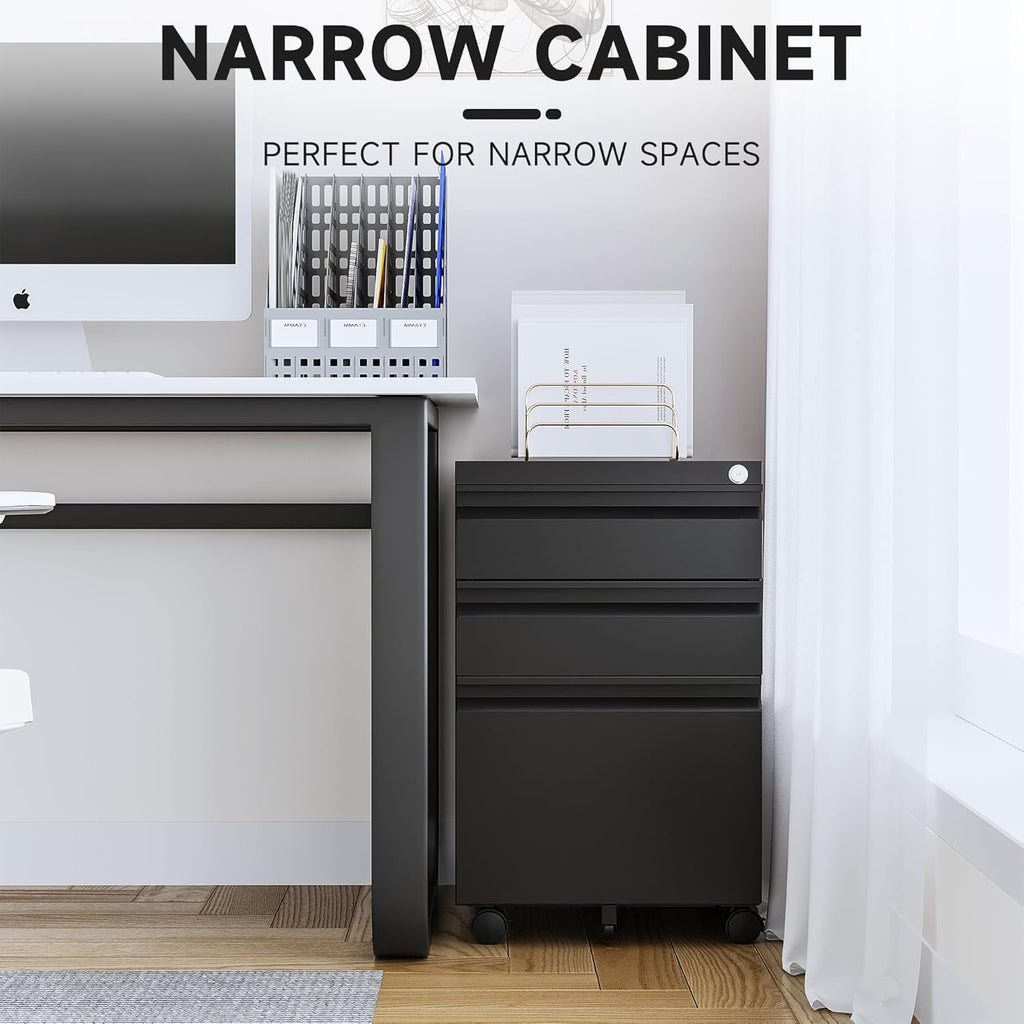 3 Drawer Mobile File Cabinet with Lock, Under Desk Metal Rolling Filing Cabinets Organizer Letters/Legal/A4 (Black
