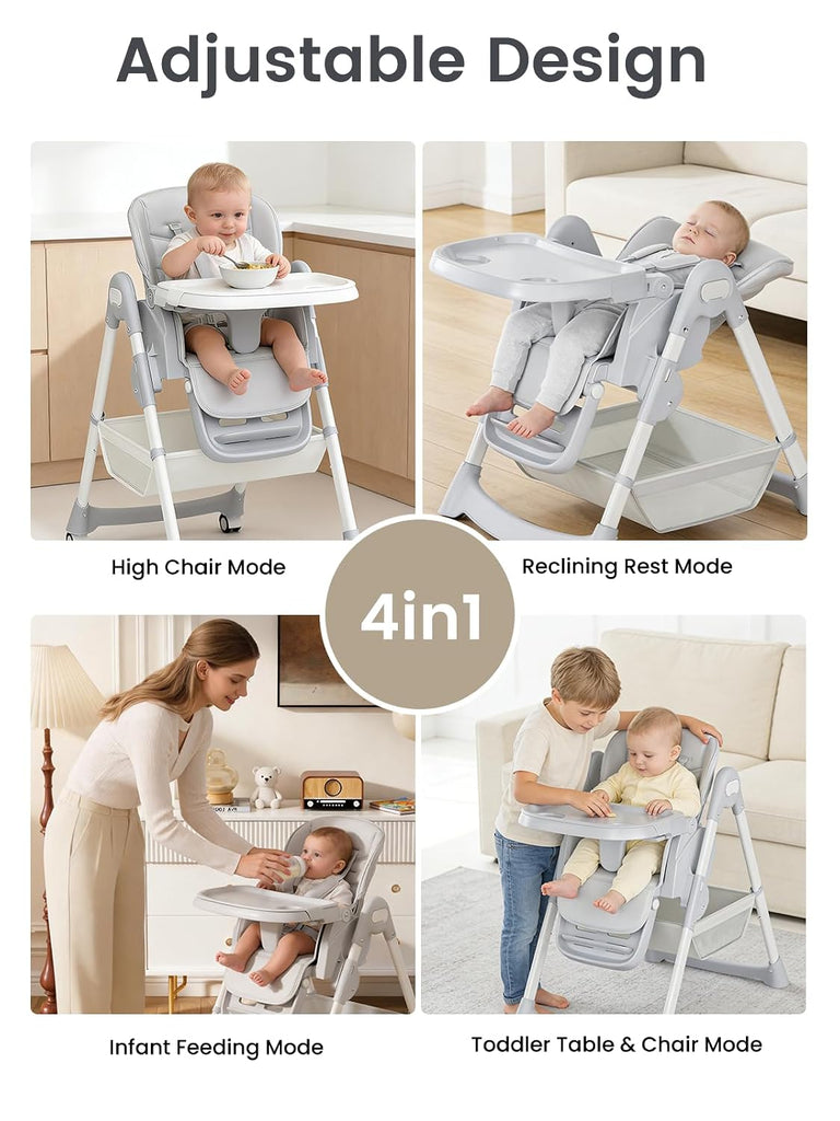 Baby High Chair, Foldable Convertible High Chair for Babies & Toddlers, Adjustable Height & Recline with Removable