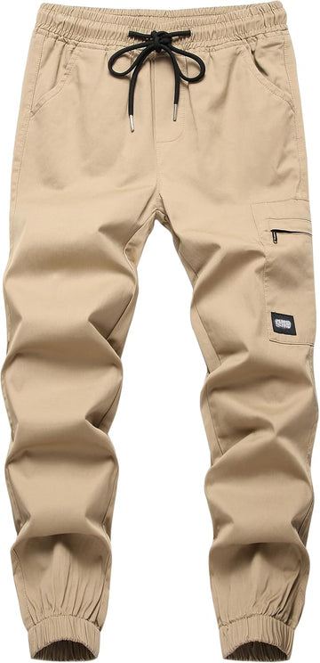 Boys Cargo Pants, Cotton Pull-On Drawstring Joggers for Kids
