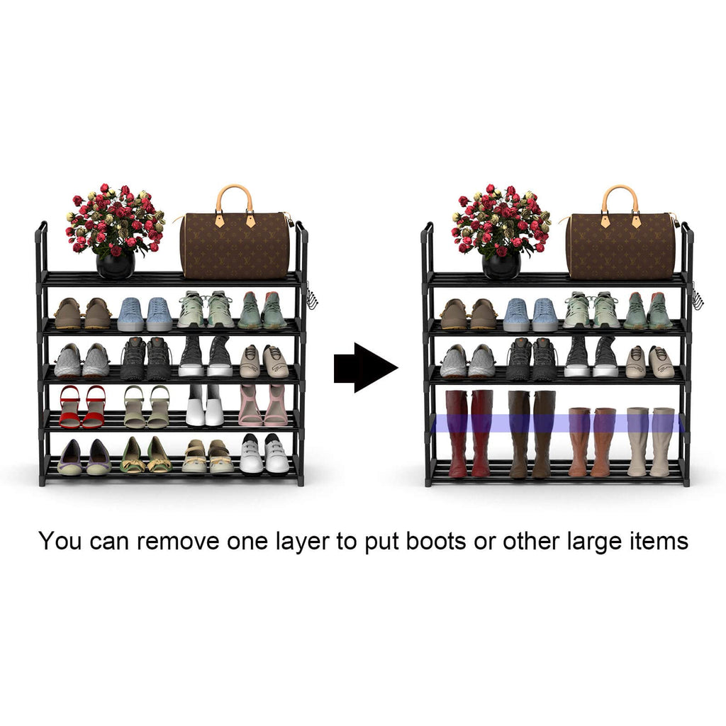 Shoe Rack for Closet, 5-Tier Metal Shelf Storage with Hooks, Black