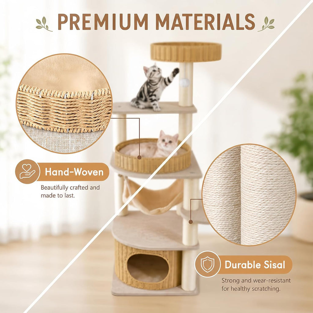 Modern Wood Cat Tree for Large Cats, Multi-Level Cat Tower with Handwoven Condo, Heavy Duty Cat Furniture with Sisal