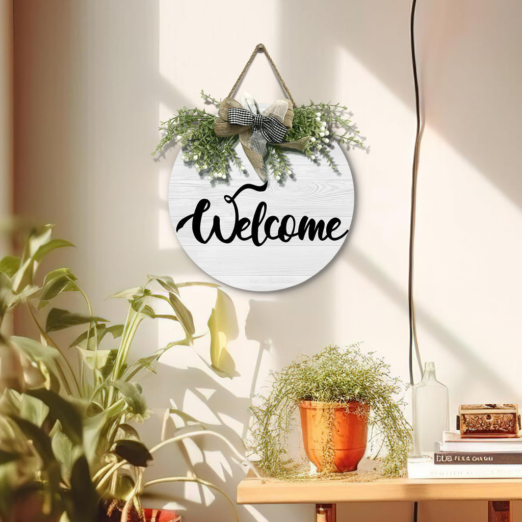 Welcome Door Sign Decorations Door Wreath Wooden Seasonal Door Hangers for Indoor Porch 12x12 in