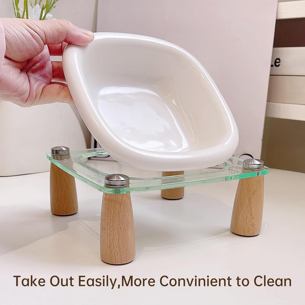 Elevated Cat Bowl and Dog Bowl, Ceramic Raised Pet Bowl with Acrylic & Wood Stand, Non-Slip, 13.5 OZ, for Cats &