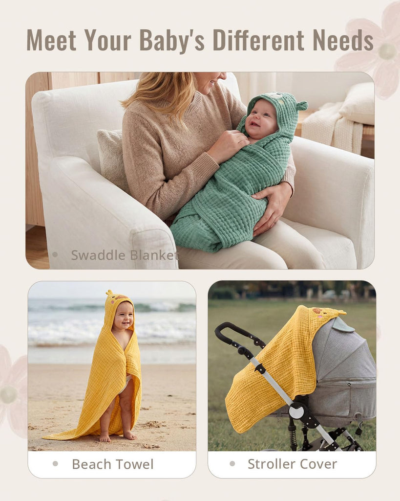 Muslin Baby Hooded Towel 2 Pack, Soft & Absorbent Bath Towel for Infant, Toddler, Unisex, Baby Gift, Newborn