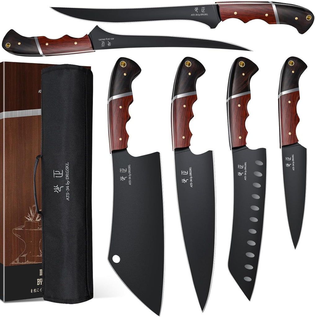 Kitchen Knife Set with Bag - 6 PCS Chef Knife Set with Wooden Handle | Japanese ATS-34 Steel, Full Tang, Ergonomic