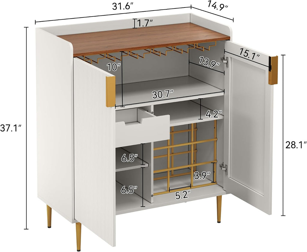 Wine Bar Cabinet with Fluted Texture, White | Modern Coffee Cabinet with Wine Rack&Glass Holder, Kitchen Buffet