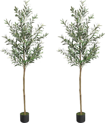 Artifical Tree 6FT Faux Olive Tree Home Decor Fake OliveTree Indoor with Natural Trunk and Lifelike Fruits in a Pot - Set of 2