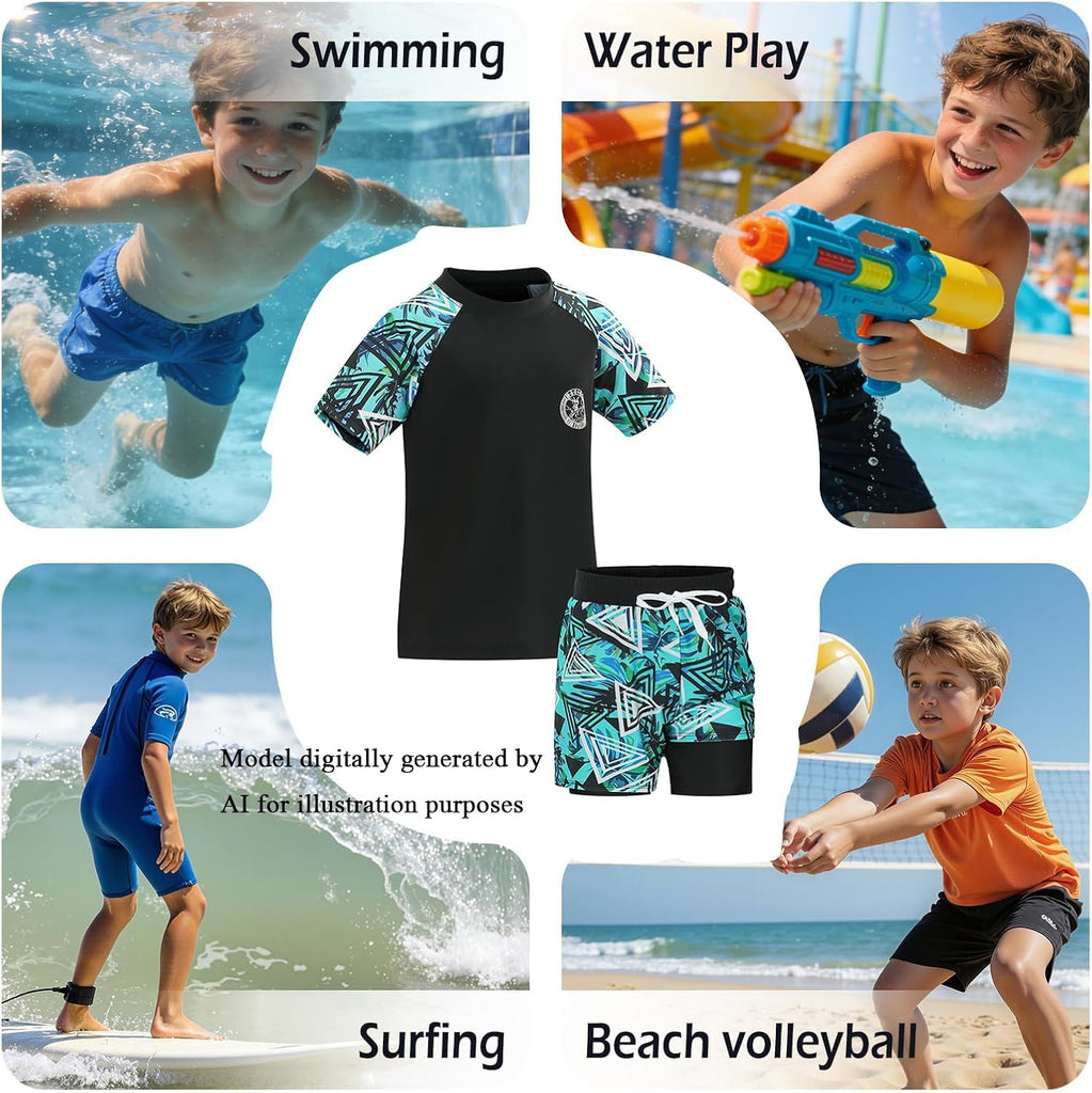 Boys Short Sleeve Rash Guard with Compression Liner Swim Trunks Quick Dry 2 Pieces Sun Shirt Swimwear Set