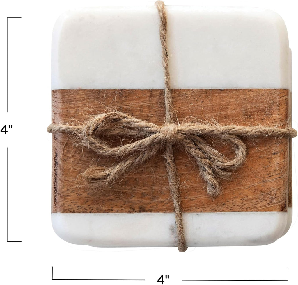 Marble & Acacia Wood Coasters, White & Natural - Set of 4