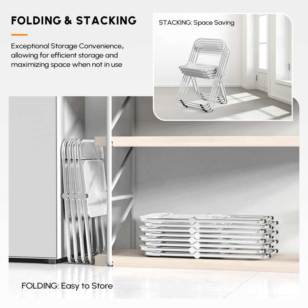 Acrylic Folding Chairs 2 Pack, Clear Chair Foldable and Stackable, Plastic Panel & Metal Chrome Frame, Weight